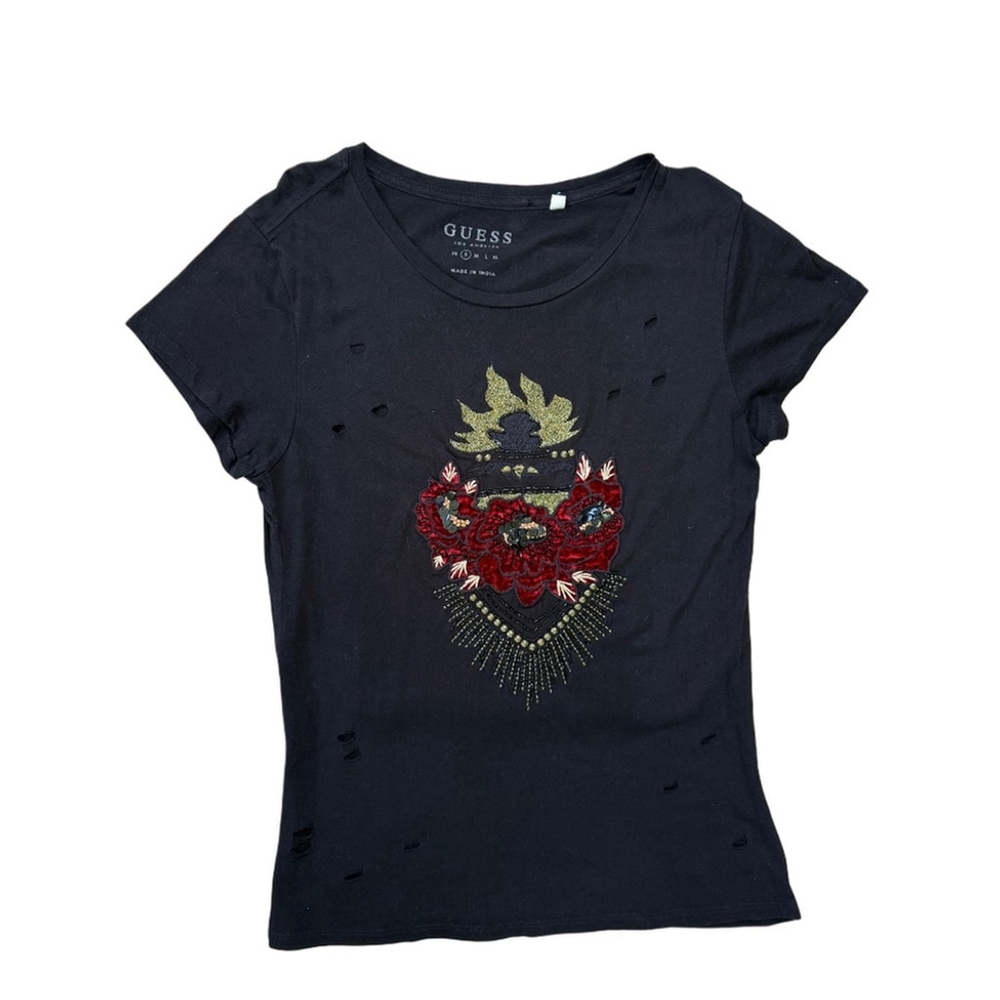 (NWOT) GUESS Black Metallic Studded T-Shirt | Velvet Appliqué Ripped Tee | Small